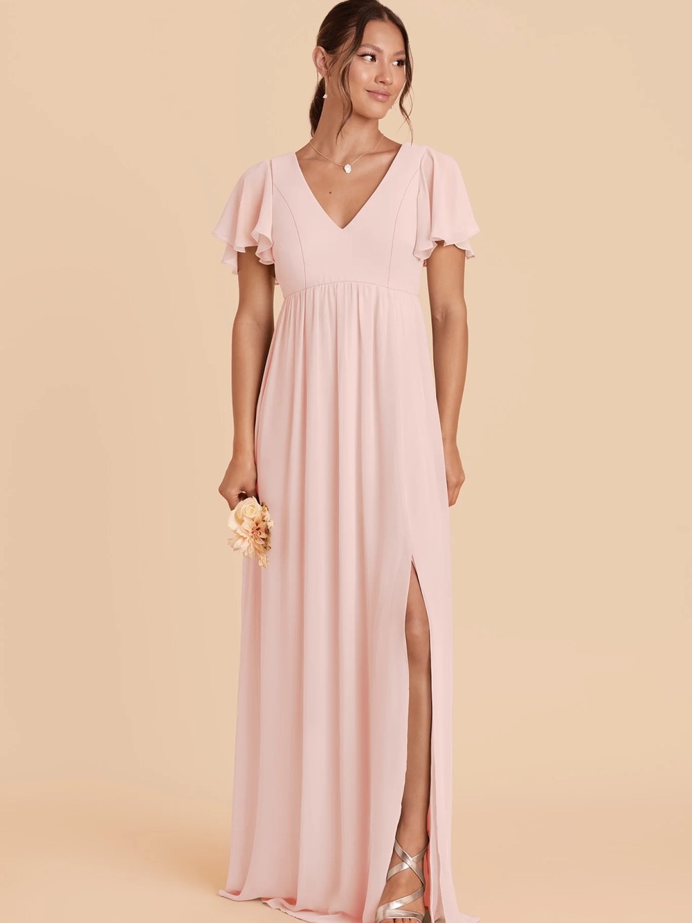 Bridesmaid Flutter Sleeve V-Neck Dress in Blush Pink SZ XXL